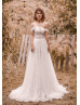 Off Shoulder Beaded Ivory Lace Tulle Side Split Wedding Dress